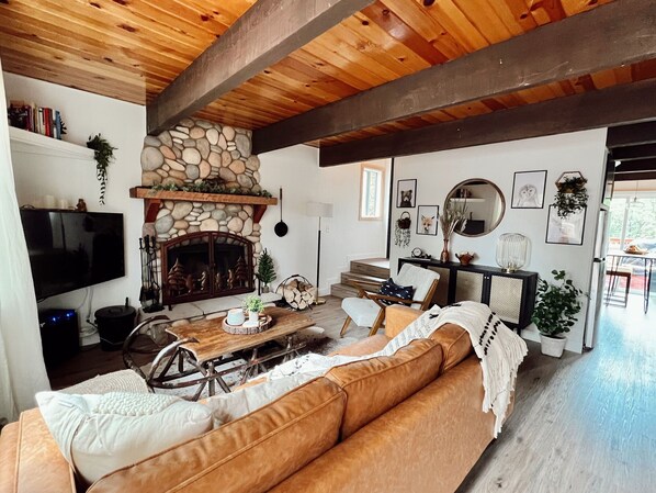 Smart TV, fireplace, books