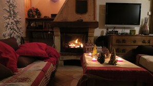 A cozy living room with a fireplace, a television, and a bookshelf. - Beautiful apartment in a chalet, shared sauna at the foot of the slopes (Valmorel)
