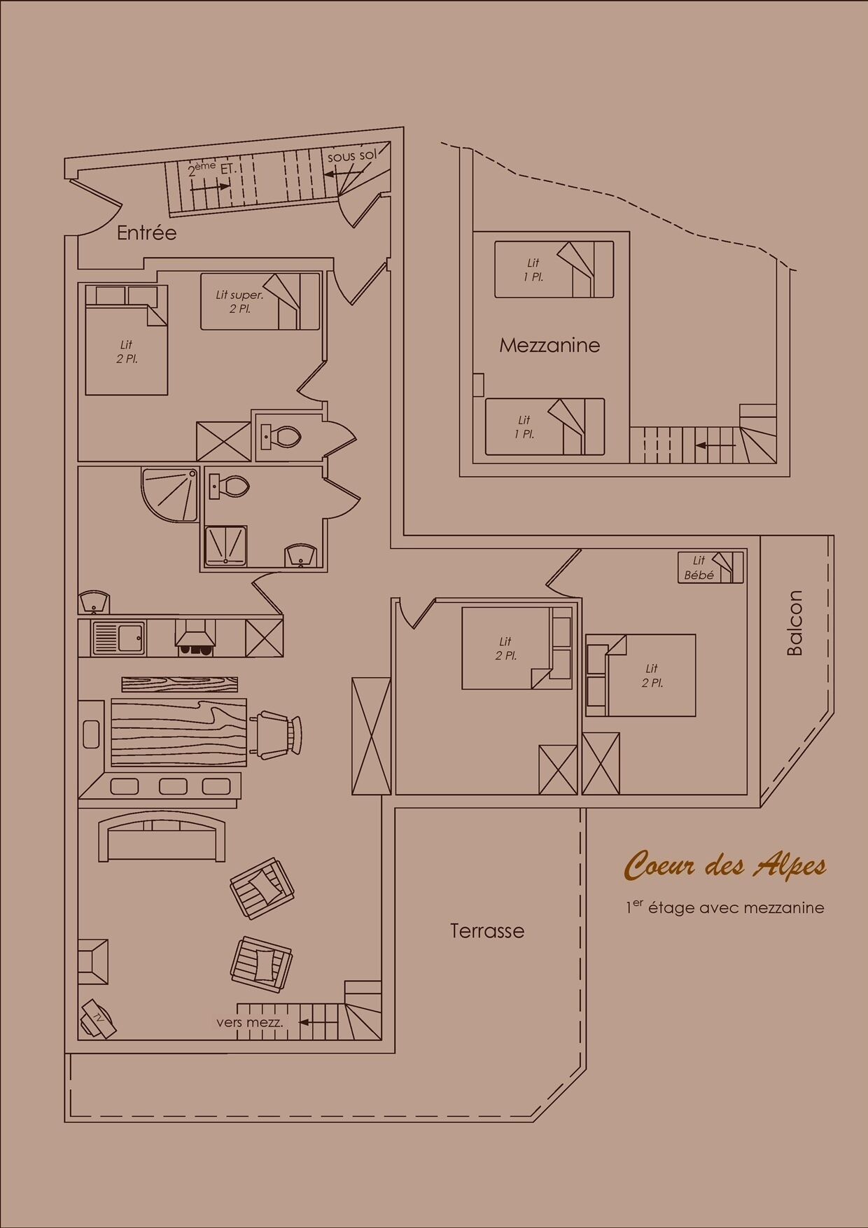 A floor plan of a hotel with a mezzanine, multiple bedrooms, a terrace, and a balcony.