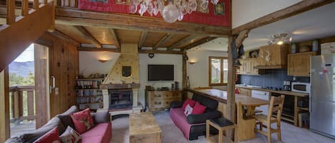 TV, lareira, DVD player, livros