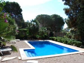 Ein rechteckiger Swimmingpool mit weißem Rand, umgeben von Kies, mit Palmen und anderer Vegetation im Hintergrund.
