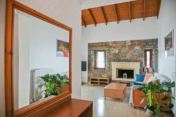 Televisio, takka, kirjoja, stereot