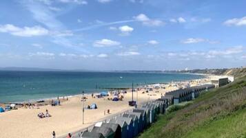 A beach with a row of blue beach huts along the shore, a sandy beach, and the sea in the background.