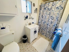 Ducha, secador de pelo, toallas y jabón