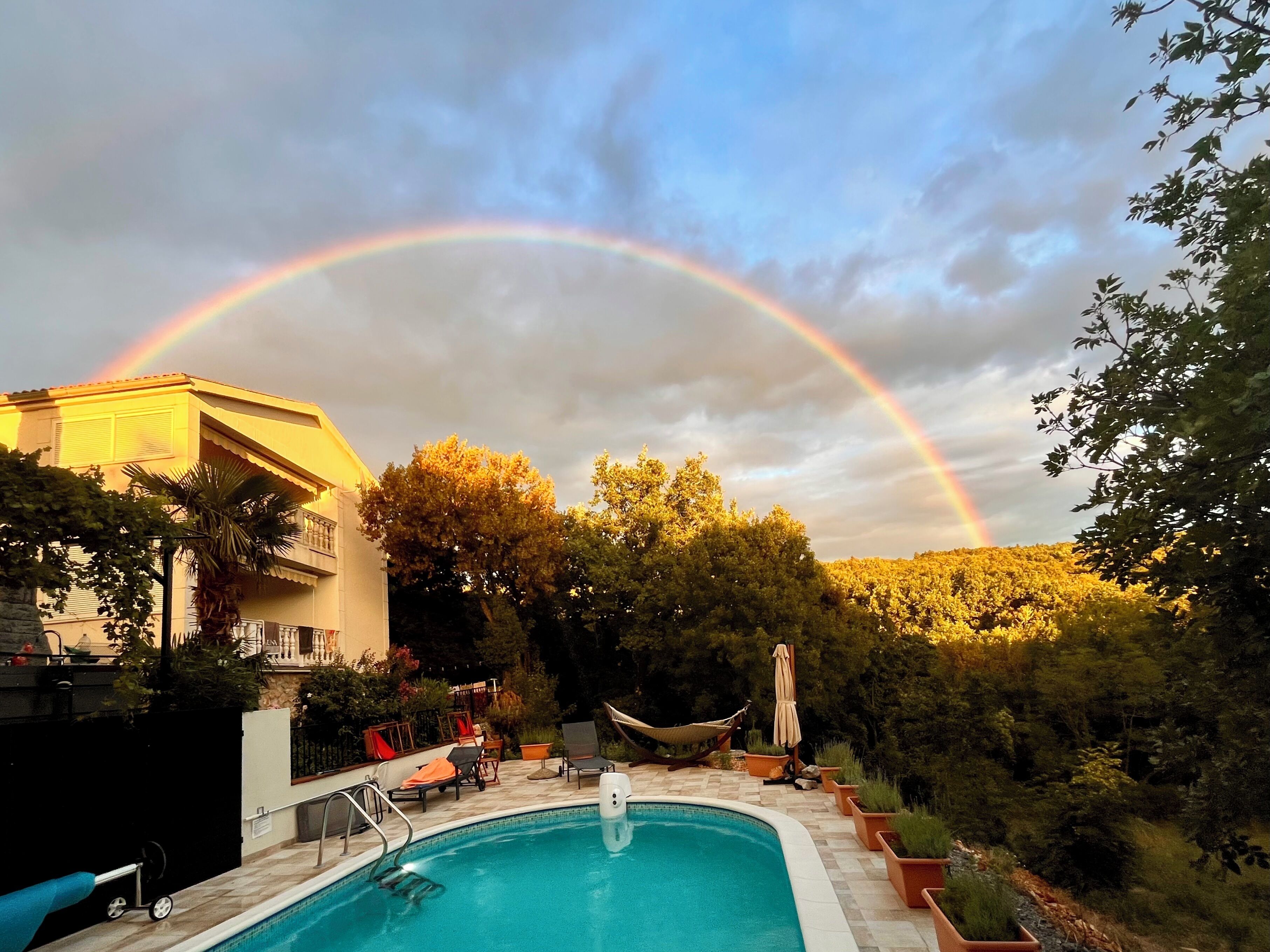 Ein Pool mit Liegestühlen und einer Hängematte, umgeben von Bäumen und einem Gebäude.