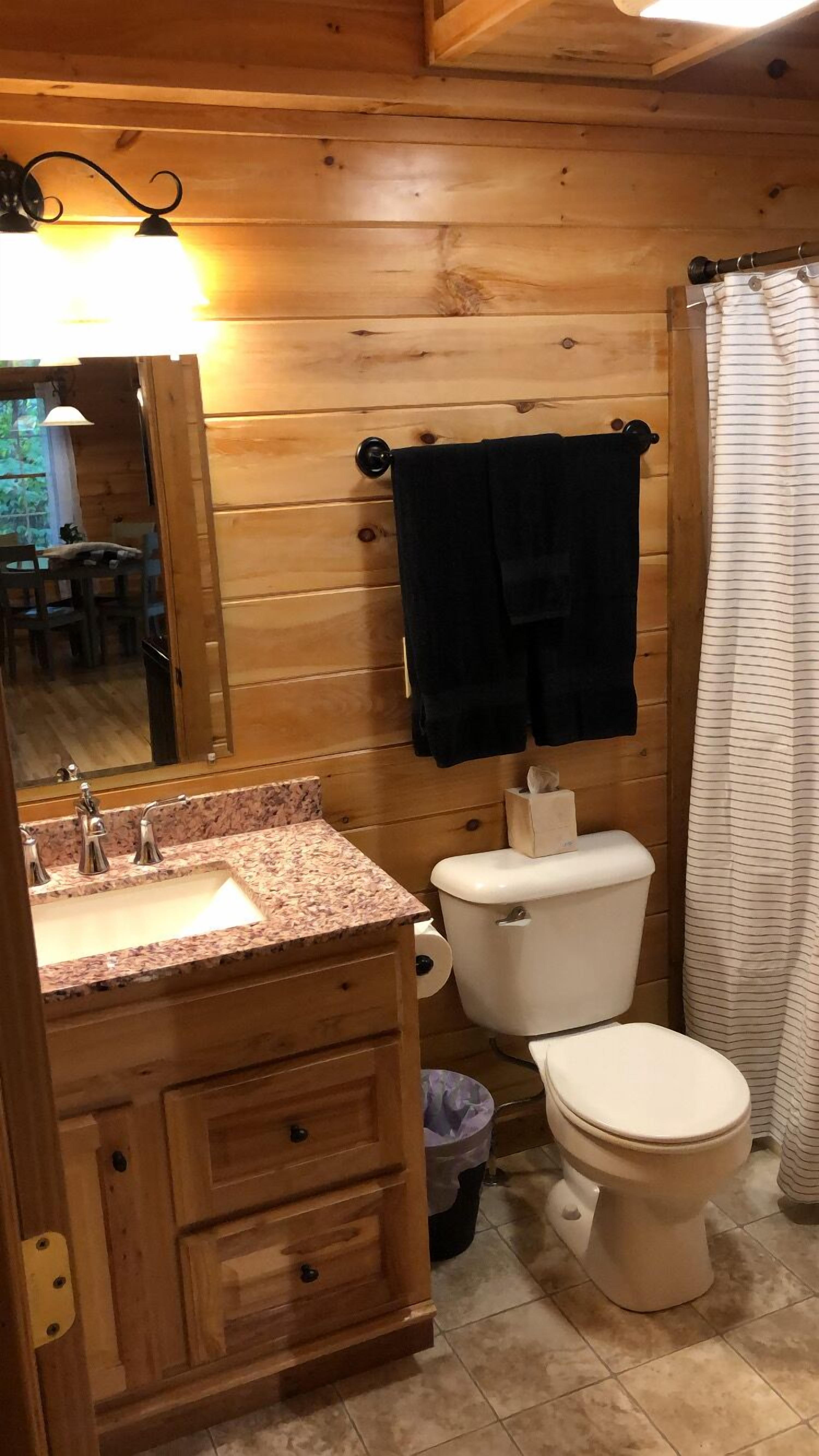 Un baño de cabaña de madera con lavamanos, inodoro y cortina de ducha.