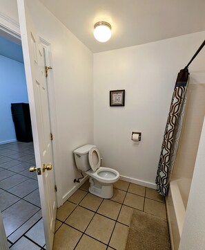 Hair dryer, towels, soap, shampoo