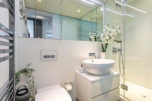 Shower, eco-friendly toiletries, hair dryer, towels