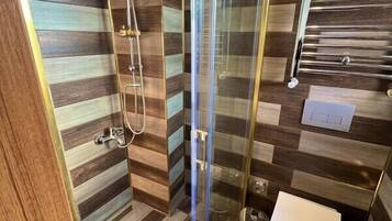 A modern bathroom with a glass-enclosed shower, a toilet, and a towel rack.