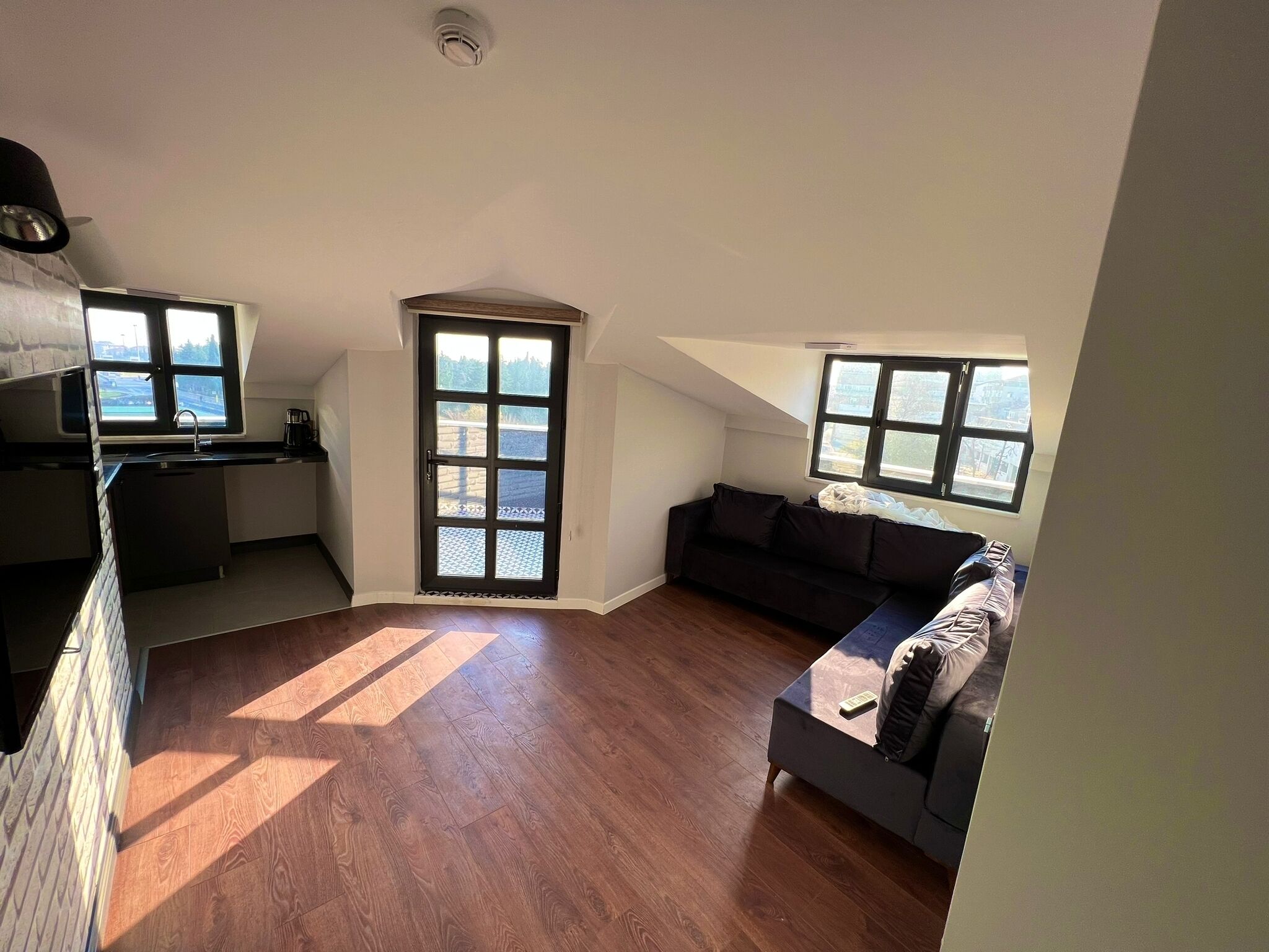 A spacious living area with a dark-colored sofa, a kitchen with a window, and a door leading outside.