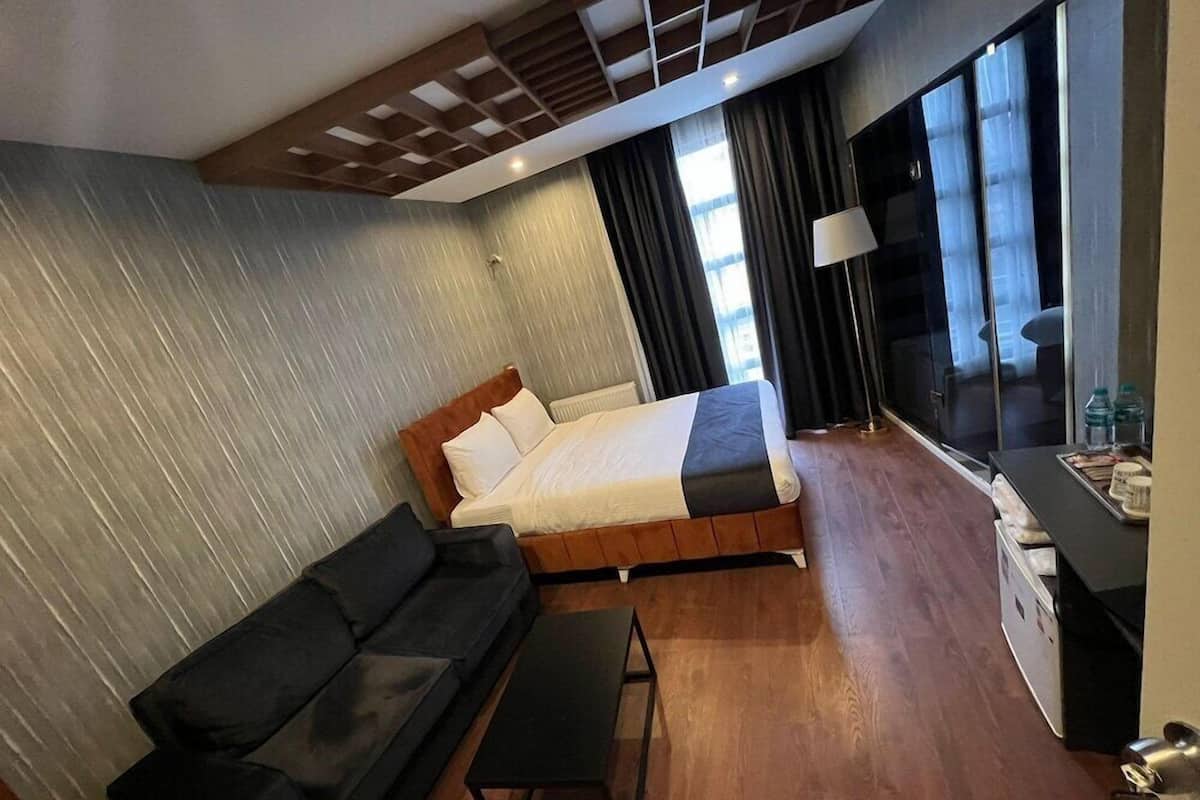 A hotel room with a bed, a sofa, a desk, and a TV.