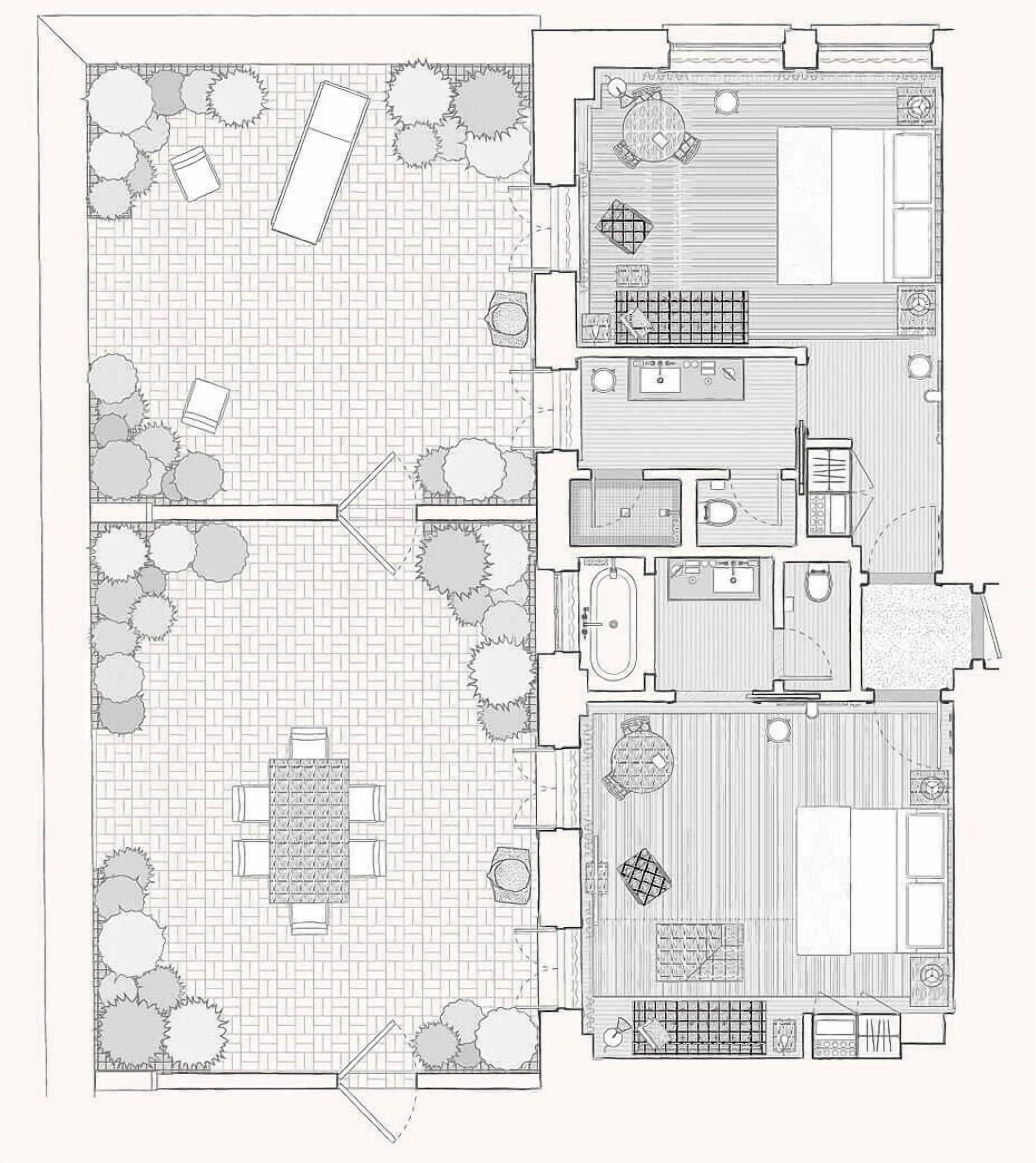 Planta baixa de um hotel com vários quartos, uma sala de jantar e um jardim.