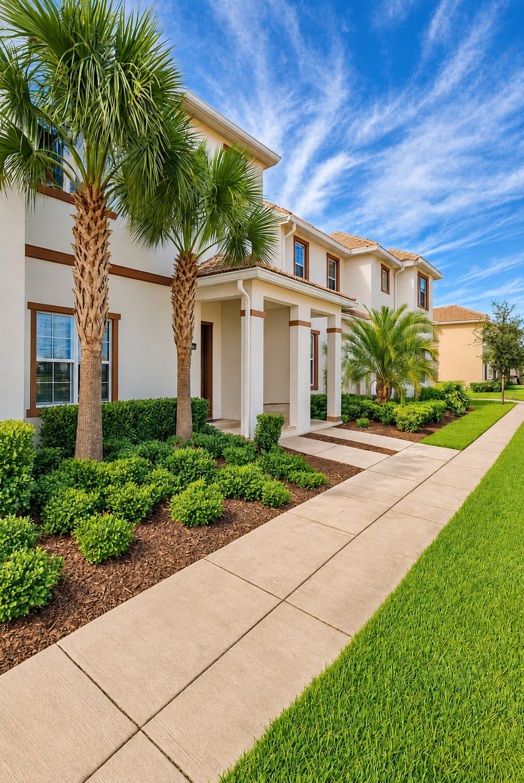 A residential building with a covered patio, palm trees, and a well-maintained lawn.