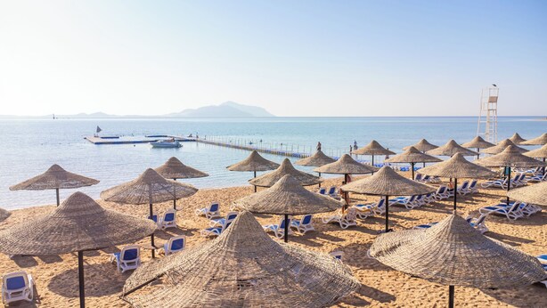 A beach with thatched umbrellas and lounge chairs, a pier extending into the sea, and mountains in the distance. - Ivy Cyrene Island Aqua Park Resort (Sharm El Sheikh)