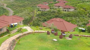 A cluster of houses with red roofs, surrounded by lush greenery and a winding road.