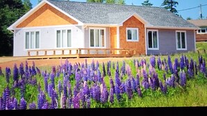 Une maison à deux étages avec une terrasse en bois et un jardin rempli de fleurs violettes.