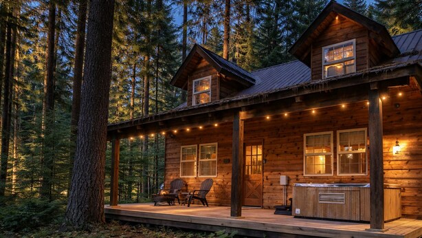 A wooden cabin with a porch, two chairs, and a hot tub.