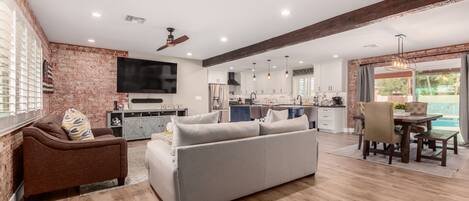 Smart TV, fireplace, DVD player, video library