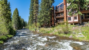 Un immeuble à plusieurs étages, doté de balcons donnant sur une rivière sinueuse, et entouré de grands pins.