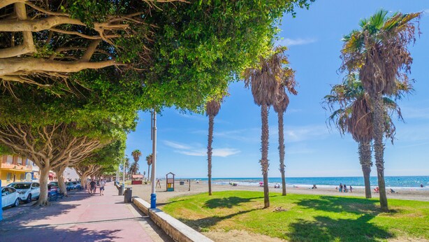 Une promenade en bord de mer bordée de palmiers et de voitures garées, qui mène à une plage où se trouvent des gens et un terrain de jeux.