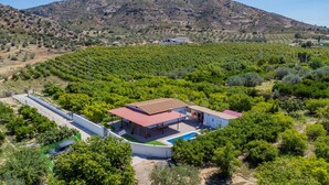 A villa with a swimming pool, surrounded by vineyards and a mountainous backdrop. - Cubo's Casa Rural Marifran / Private pool / Air conditioning (Alhaurín el Grande)