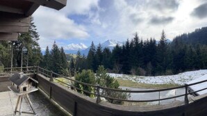 Une vue depuis un balcon donnant sur un paysage enneigé, avec une rivière, une forêt dense et des montagnes en arrière-plan.