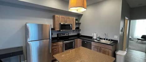Fridge, microwave, oven, stovetop