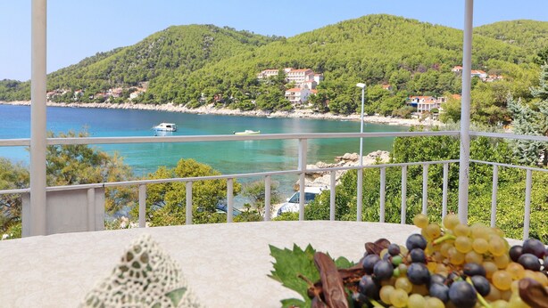 Un balcone con vista su una zona costiera, che include un corpo d'acqua, imbarcazioni ed edifici su una collina.