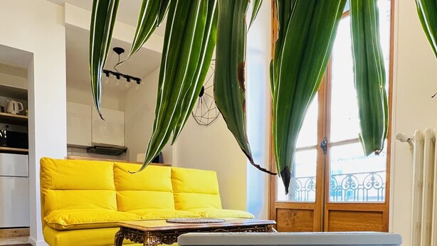 Un salon moderne avec un canapé jaune, une table basse et un panneau d’accueil.
