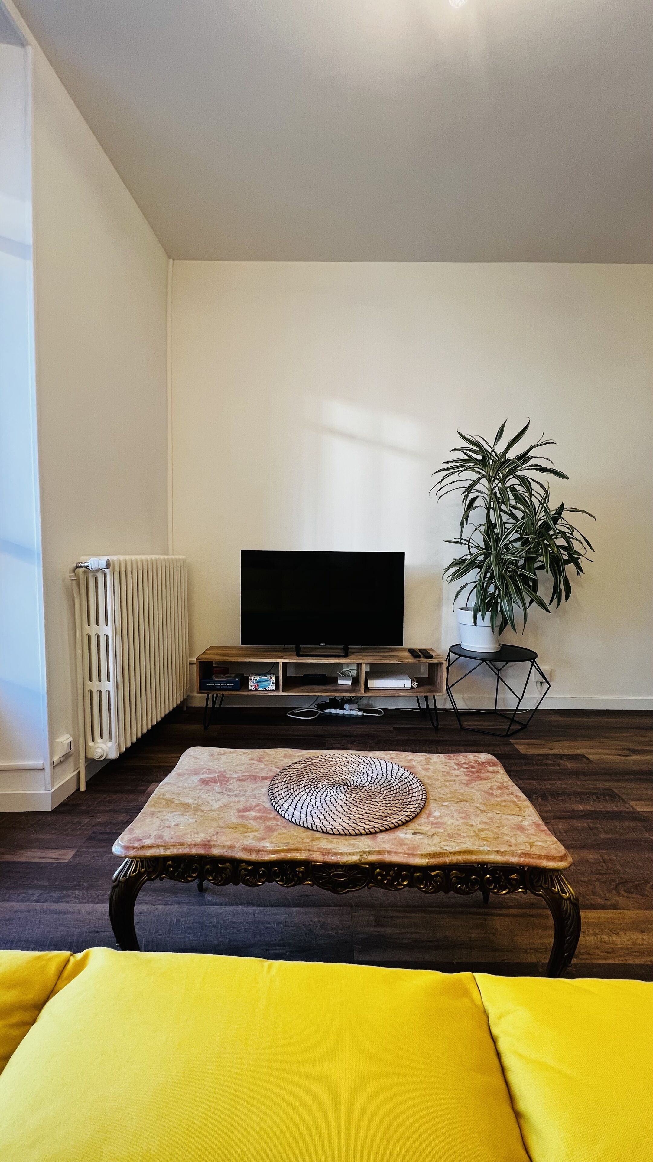 Een woonkamer met een flatscreen televisie, een potplant en een gele bank.