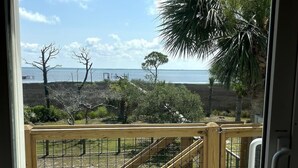A wooden deck with a view of the ocean and palm trees. - Bayfront House w/ Hot Tub & Dock Access (Cape San Blas)