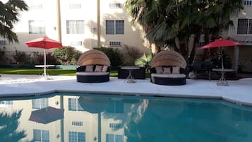 Piscine extérieure, chaises longues