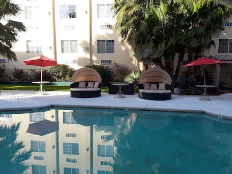 Una piscina al aire libre, sillones reclinables de piscina