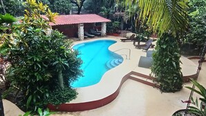 A swimming pool surrounded by lush greenery, with a small building and lounge chairs in the background.