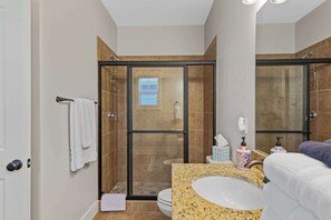 Shower, hair dryer, shampoo