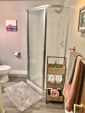 Chuveiro, secador de cabelo, toalhas de banho, sabonete