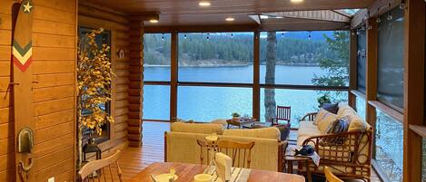 Smart TV, fireplace, books, video library