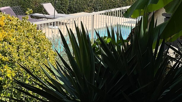 Zona de piscina con sillones de playa y sombrillas, rodeada de vegetación exuberante y colinas al fondo.