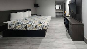 Desk, laptop workspace, free WiFi, bed sheets