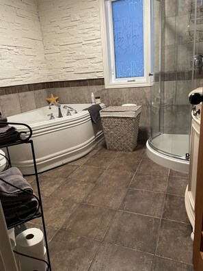 Dusche, Haartrockner, Handtücher, Seife