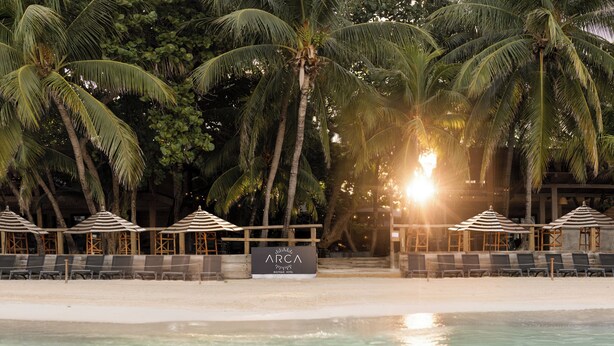A beachfront resort with a pool, lounge chairs, and palm trees. - Arca Boutique Hotel (Roatan)