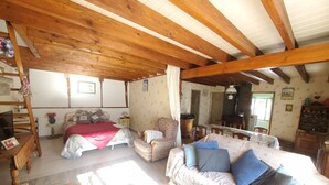 A cozy room with a bed, a sofa, a dining table, and a kitchen area.