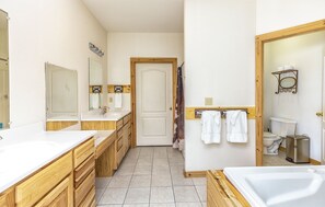 Jetted bath, hair dryer, towels, soap