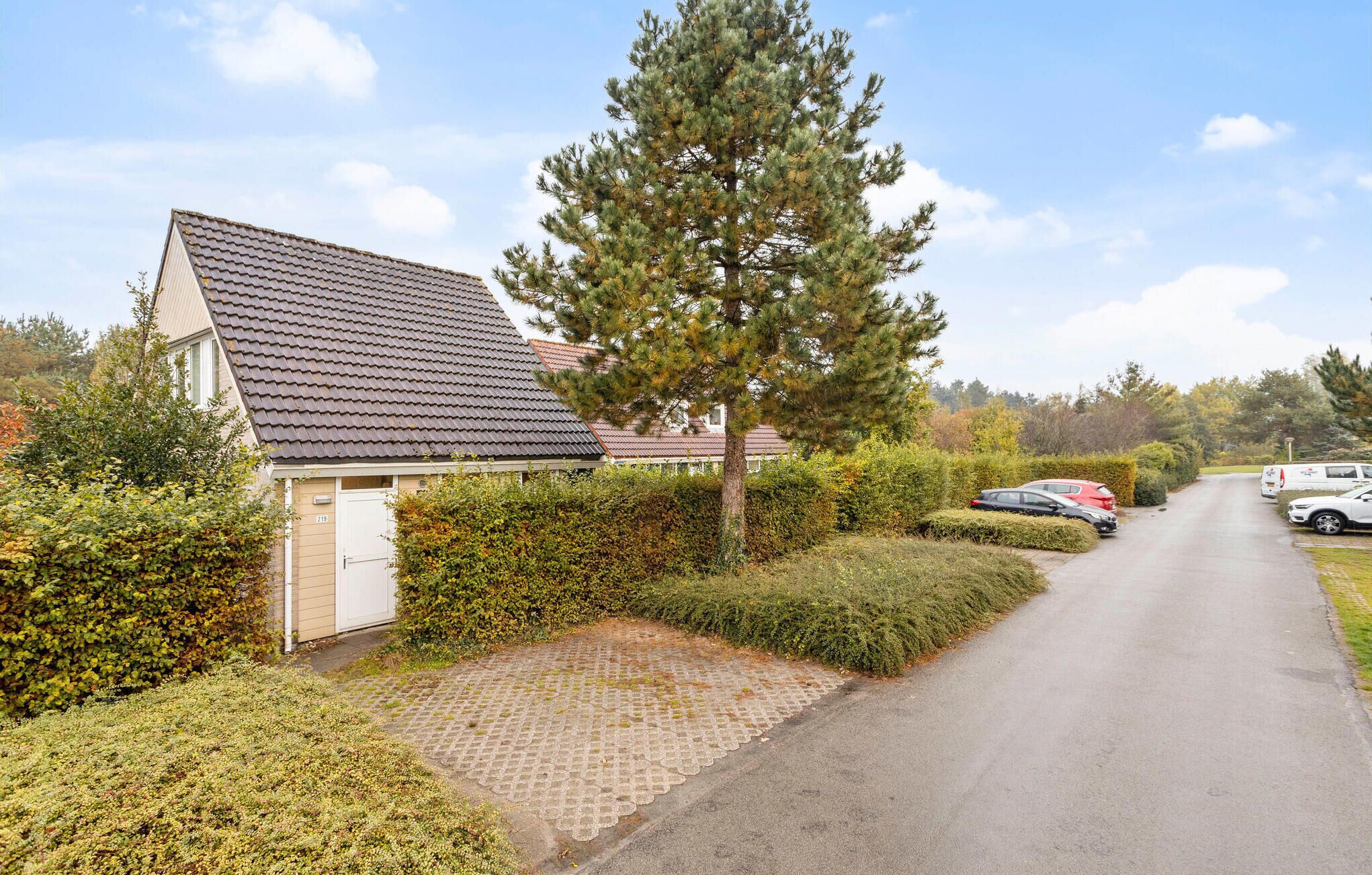 Ein Wohngebiet mit einem Haus, einer Auffahrt und geparkten Autos.