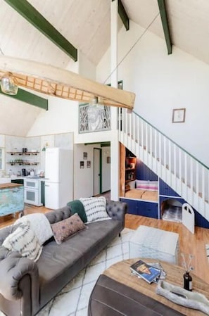Smart TV, fireplace, books, stereo