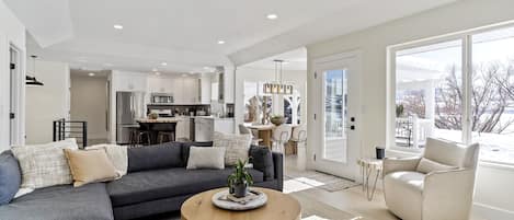 Smart TV, fireplace, books, stereo