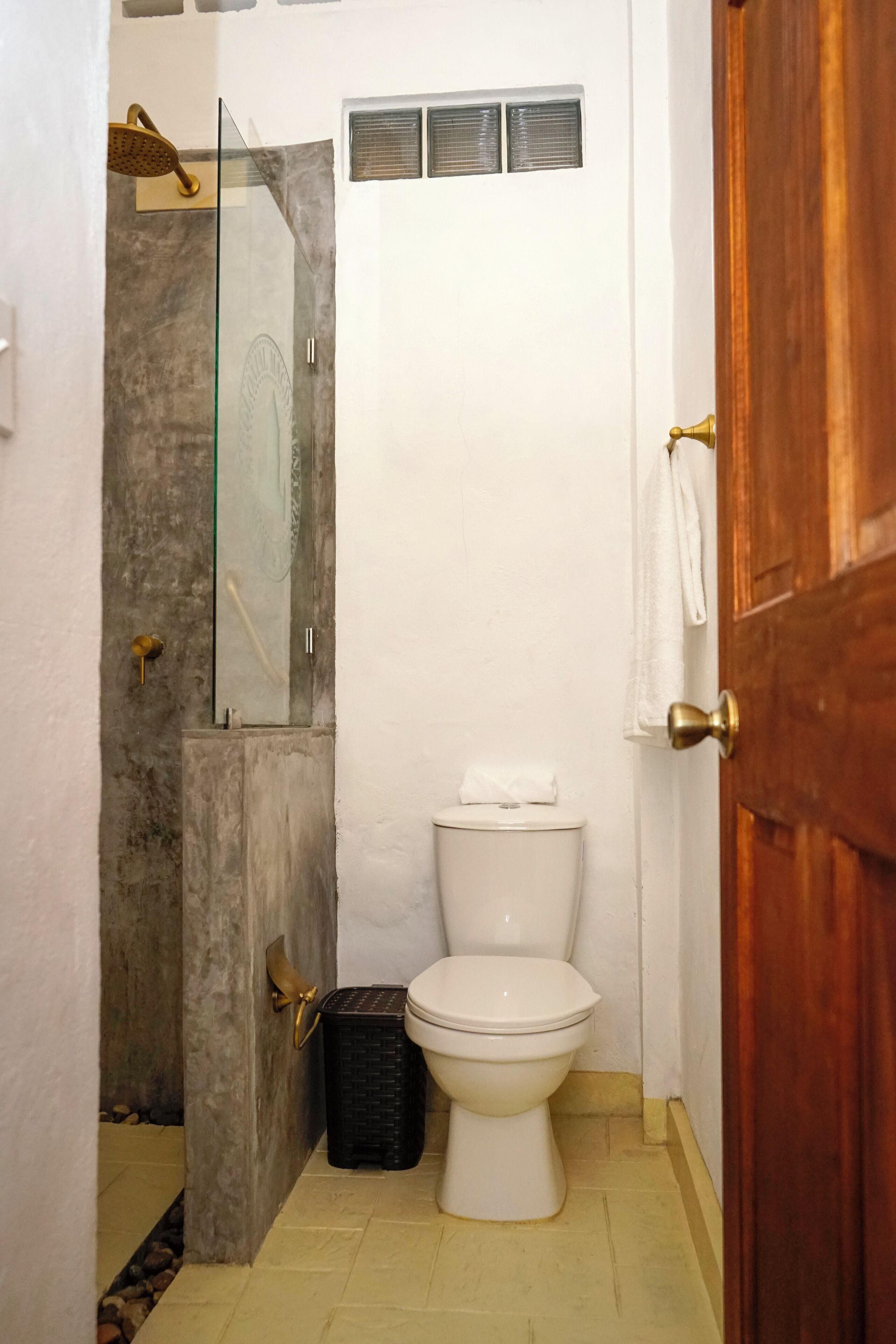 A bathroom with a glass-enclosed shower, a white toilet, and a wooden door.
