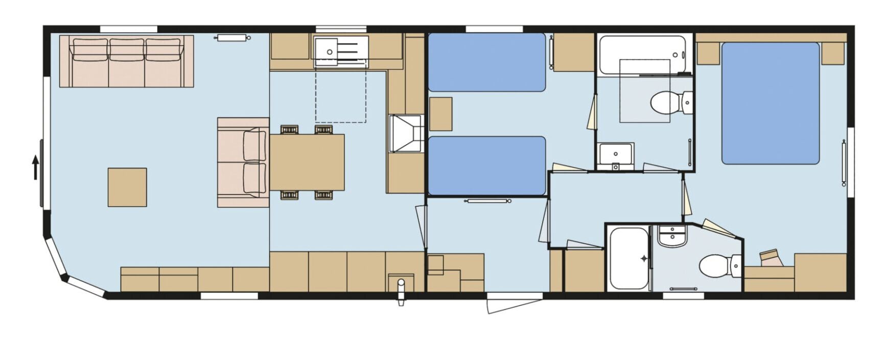 A floor plan of a hotel room with a bed, a desk, a chair, a small table, a sofa, a bathroom, and a kitchenette.