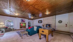 TV, fireplace, DVD player, foosball