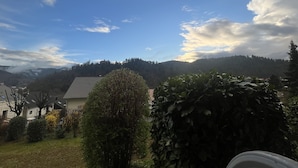 Uitzicht op een woongebied met een huis, bomen en een bergketen op de achtergrond.